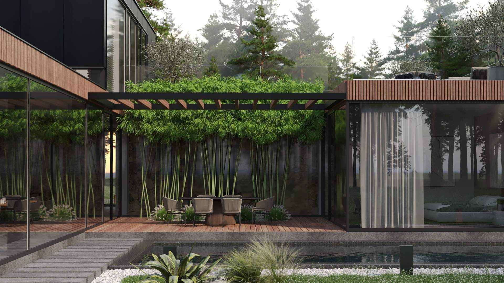 Великий просторий 2-поверховий будинок оздоблений двома видами фасадного матеріалу, що створює додатковий об'єм. Будинок в природних кольорах з панорамними вікнамивиробничої компанії ЄКонструктор