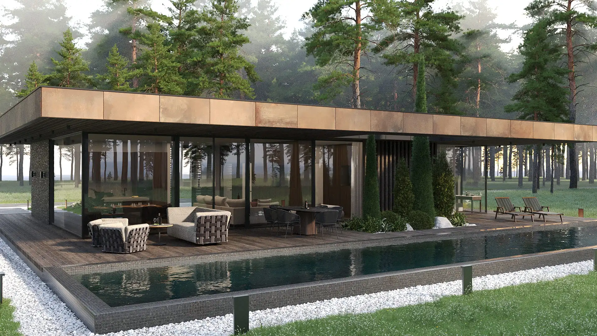 alt= Modern one-story house with large glass windows and a stone facade, ЄКонструктор's переваги наших будинків із ЛСТК solution, surrounded by greenery and outdoor seating areas against a backdrop of trees and a clear sky.
